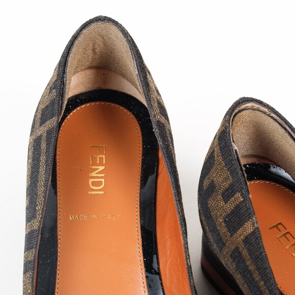 Fendi Brown Black Zucca Canvas Leather Bow Cap Toe Pumps, Size 5.5 - Picture 10 of 10